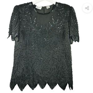Denise Elle black beaded short sleeve top. L